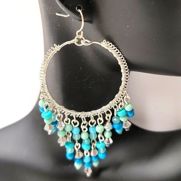 Silvertone And Blue Earrings - Picture 3 of 5